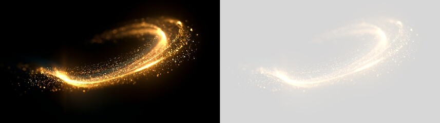 Glowing golden light trail with sparkling particles. Dynamic sweeping energy curve on black and transparent backgrounds. Abstract magic wave overlay for festive design © Pro_Light