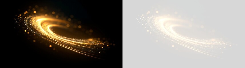 Golden light swirl effect with sparkling particles. Glowing magic trail on black and transparent background. Dynamic luminous energy ring © Pro_Light