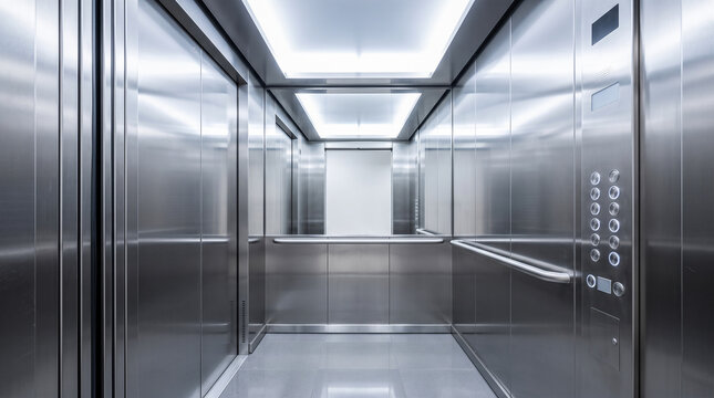 Empty modern commercial elevator interior showing polished stainless steel walls reflecting bright overhead ceiling lighting above smooth grey floor