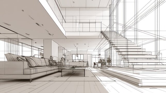 Modern architectural sketch of a spacious multi level house interior with a staircase and living area