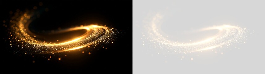 Wavy golden light trail with sparkling glitter particles. Glowing magic swirl wave isolated on black and transparent background. Abstract dynamic design element © Pro_Light