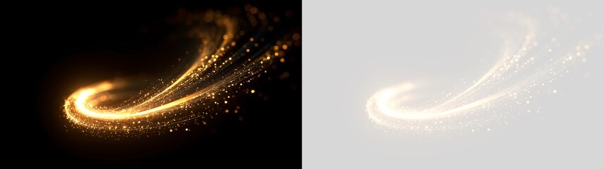 Golden light trail with sparkling glitter particles. Magic glowing swirl isolated on black and transparent background. Abstract design element © Pro_Light