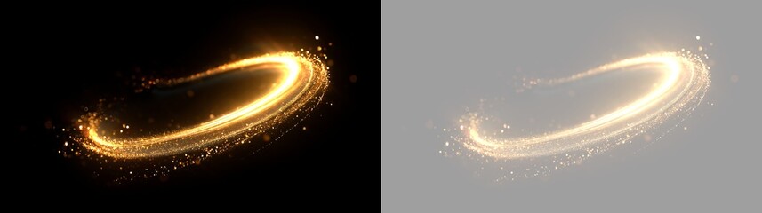 Circular golden light trail with sparkling glitter. Glowing magic ring halo isolated on black and transparent background. Abstract round design element © Pro_Light