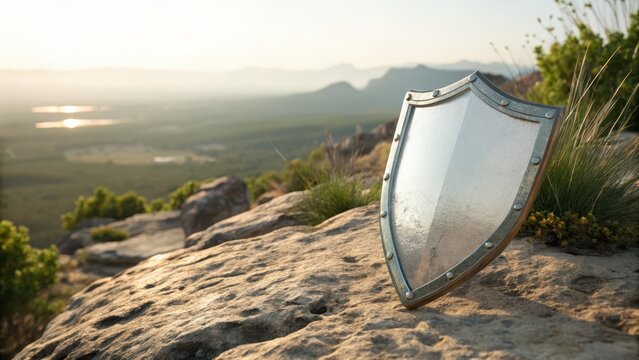 Polished Metal Shield on Rocky Outcrop with Mountain Vista