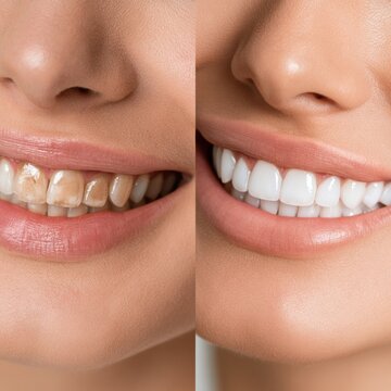 Before and after comparison stained teeth transformation to bright white smile