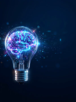 Digital light bulb containing a glowing human brain representing artificial intelligence and creative thinking concepts