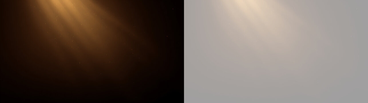 Golden light beam with floating dust particles. Warm sun ray spotlight effect on black and transparent background. Dramatic glowing overlay element