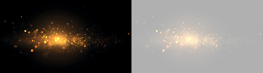 Horizontal golden glitter burst on black and transparent background. Shimmering gold sparkle particles fading to the right. Magical glowing light overlay © Pro_Light