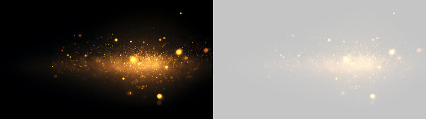 Golden glitter and sparkle effect on black and transparent background. Shimmering gold dust particles and bokeh lights banner. Magical glowing light overlay © Pro_Light