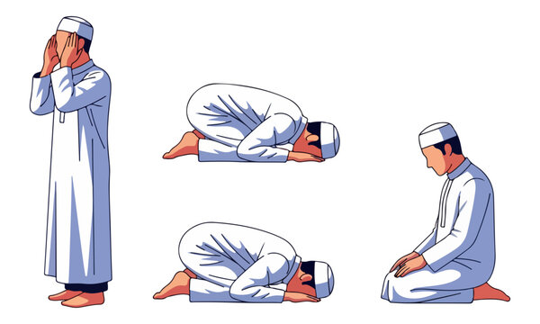 Muslim Man Performing Prayer Poses Illustration