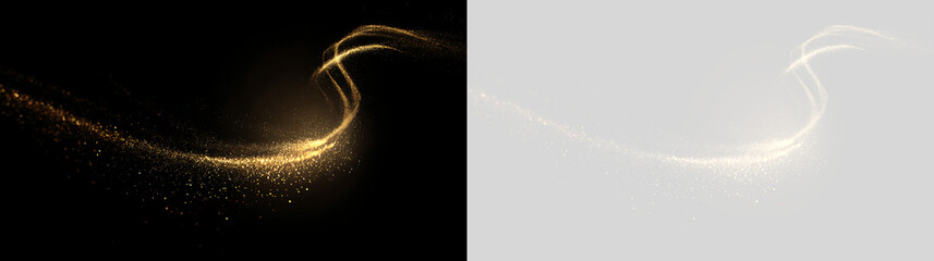 Golden light trail with sparkling dust particles. Swirling glowing wave effect on black and transparent background. Magic stardust overlay element © Pro_Light