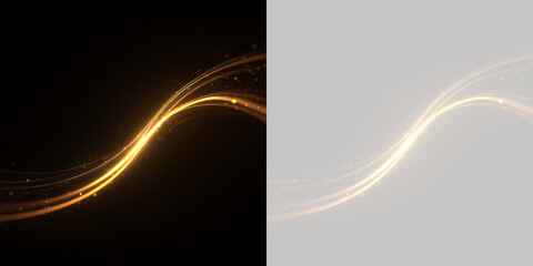 Bright golden light trail with scattered dust particles. Radiant wavy lines on black and transparent background. Abstract luxury motion effect © Pro_Light