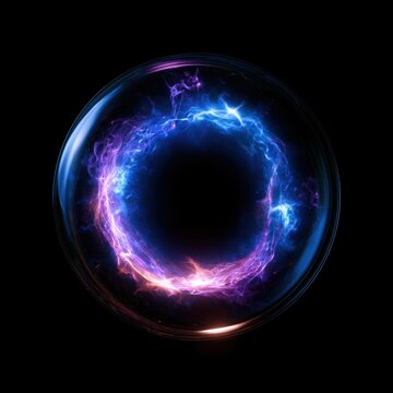 glowing magic ring orb sphere with blue neon plasma light smoke swirl dark background abstract energy circle magic portal cosmic spell effect isolated dark background poster design concept