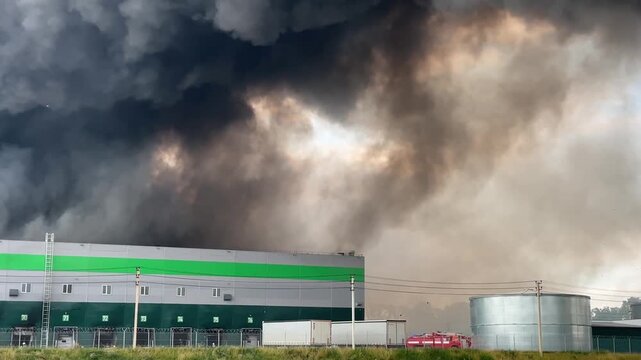 Firefighters Extinguishing Massive Warehouse Fire