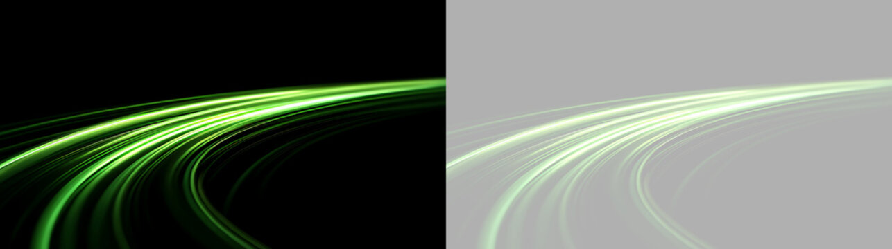Glowing green light trail curving on black and transparent backgrounds. Dynamic neon motion effect and futuristic energy concept