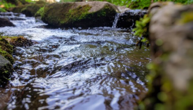 Forest stream flowing over mossy rocks in nature