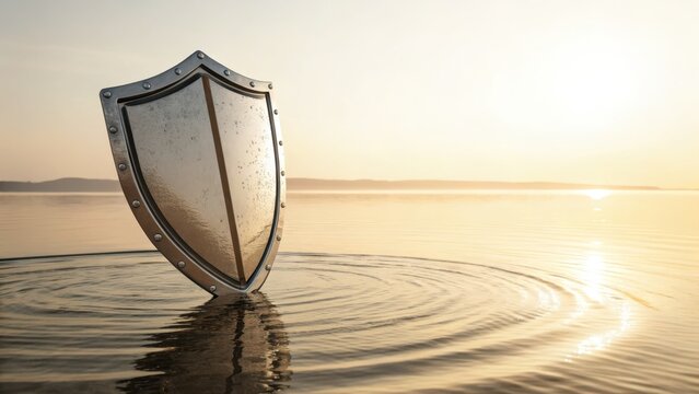 Reflective Metal Shield Emerging From Calm Water Surface