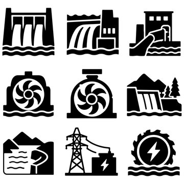 Hydropower icons, black silhouette vector set isolated on white background