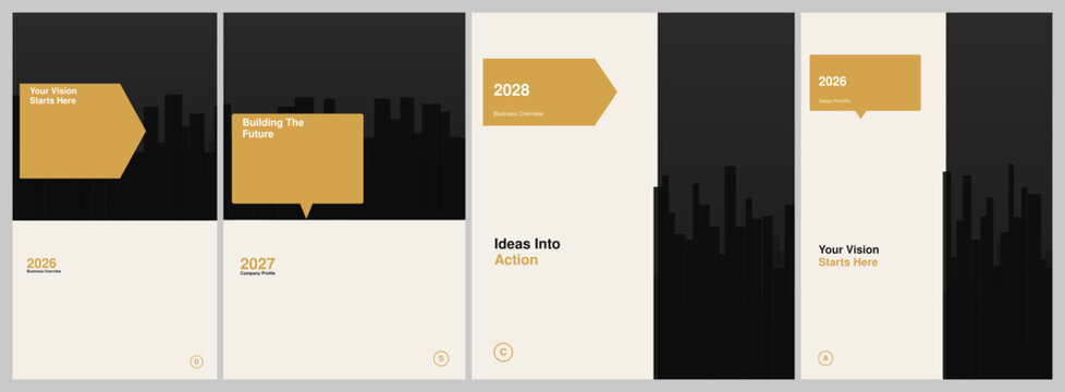 Modern corporate brochure and poster design templates with minimalist city silhouette graphics and bold gold text blocks for business reports