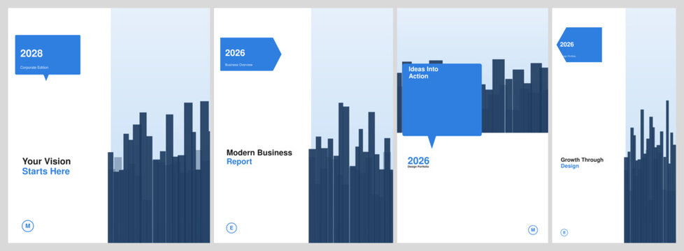 Minimalist corporate layout collection for professional poster design featuring abstract skyline graphics and clean typography for business communication