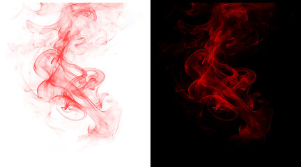 Red smoke swirls on black and white backgrounds. Abstract crimson vapor trails, ethereal fire mist textures for creative overlays. © MstSaudia