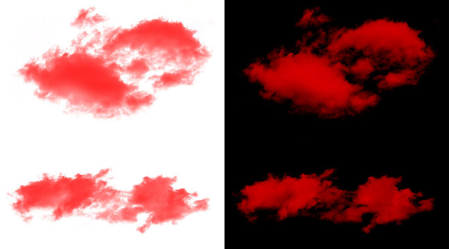 Vibrant red clouds set on white and black backgrounds, realistic crimson smoke textures, dramatic scarlet mist for digital art overlays