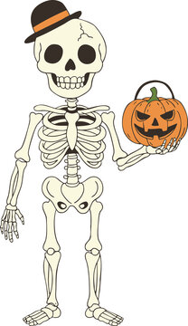 Cute smiling skeleton illustration wearing a hat and holding a Jack o lantern pumpkin bucket for Halloween trick or treat
