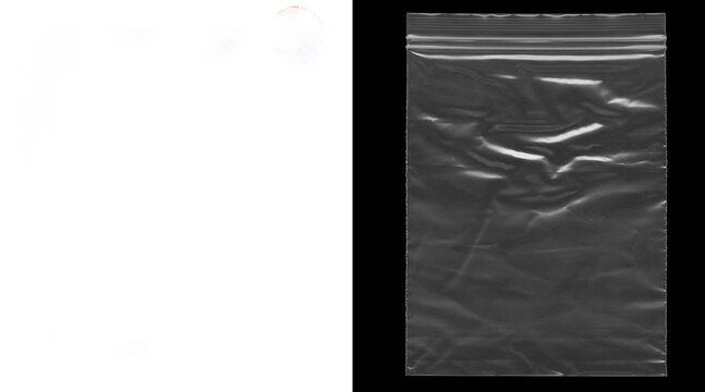 Crumpled plastic texture on black background. Wrinkled transparent film overlay. Creased polyethylene bag surface for design mockups.