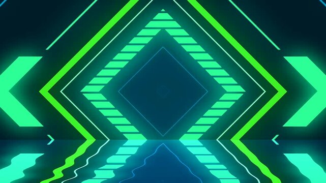 neon green triangle  tunnel, abstract background with glowing, chevron pattern and reflection 4k.