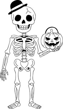 Cute smiling skeleton outline line art illustration with hat holding a pumpkin for Halloween coloring book