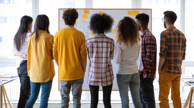A group of people standing in front of a whiteboard with sticky notes, discussing a project or brainstorming session.