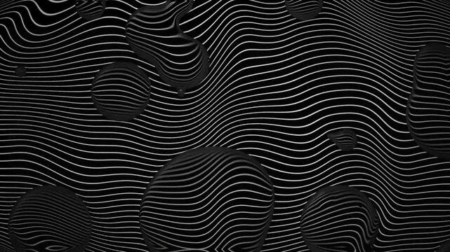 Hypnotic optical illusion motion loop with transparent liquid drops distorting wavy lines. Monochrome op art background animation for music videos, VJ loops, tech branding and video editing