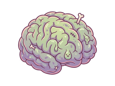 Halloween zombie brain vector illustration with cartoon slime and bones