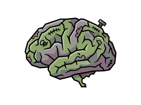 Spooky Green Zombie Brain with Stitches and Bolt for Halloween Decor and Graphic Design