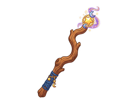 Magical wooden wizard staff with glowing star and crescent moon ornaments for Halloween fantasy roleplay and mystical concept art