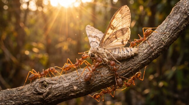 Macro photograph of colony of red weaver ants carrying a moth prey along a tree branch at sunset