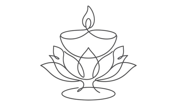 Minimalist lotus flower with candle illustration isolated on transparent background, isolated on white background, Vector Diwali (India, UK heavy buyers) one line art  editable vector design 2026