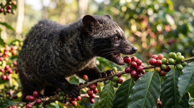Asian palm civet eating ripe coffee cherries on a branch in a plantation, source of Kopi Luwak