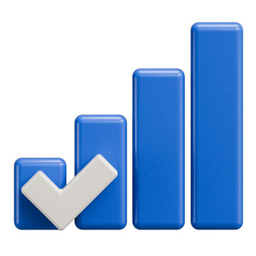 3D Blue Bar Chart and Checkmark Success Icon