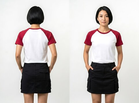 Young woman modeling casual raglan t-shirt and black cargo skirt, showcasing front and back views of comfortable apparel for fashion concepts