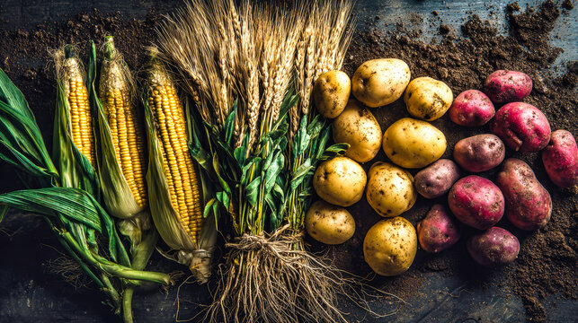 Corn cobs, ripe wheat, and various potatoes are arranged on dark soil. The earthy tones highlight the freshness of the harvest