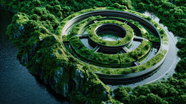 A circular building rests on a green hill near a body of water. The structure has several levels and blends with the surrounding landscape