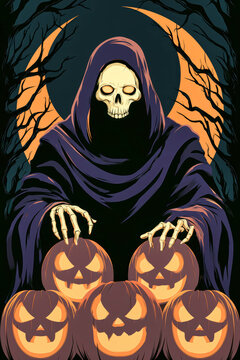A ghost figure dressed in black stands among carved pumpkins at night. The trees are bare, and a full moon glows behind the ghost