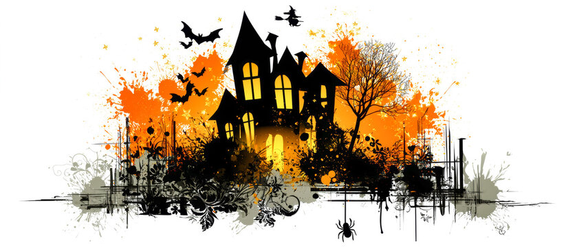 People see a haunted house in a Halloween scene at night. Bats fly around and a spider is near some dark plants. The background is orange and black