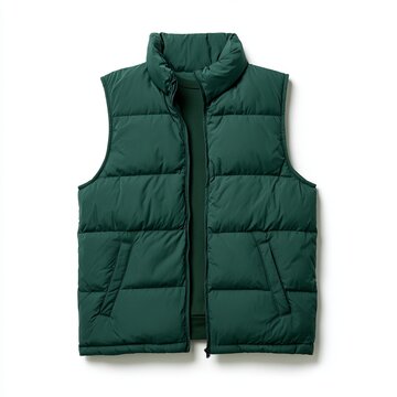 Dark green puffer vests keep men warm during sports in professional ghost mannequin photos against white backgrounds.