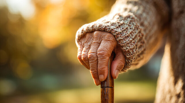 Close-up of an elderly woman's hand resting on a cane in a park. Warm sunlight highlights her skin and sweater sleeve. A sense of quiet surrounds her
