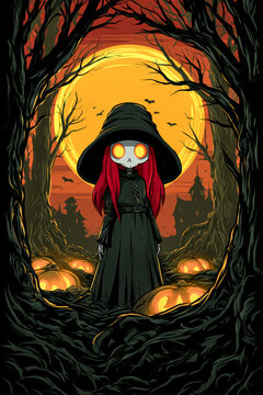 A witch with red hair and glowing eyes stands among carved pumpkins in a dark forest with a big orange moon above. Bats fly in the night sky