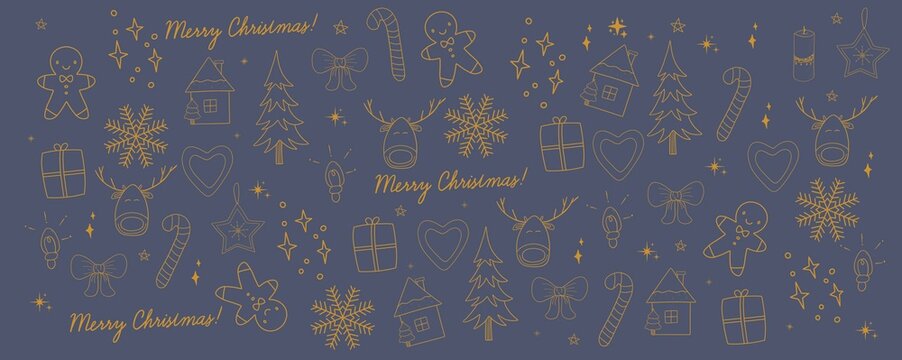 Hand drawn Christmas pattern with golden holiday icons on blue background