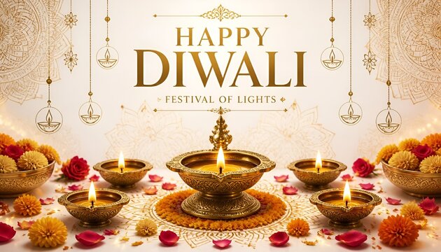 Happy Diwali Festival of Lights with traditional diya lamps and marigold flowers