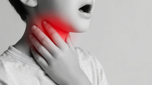 A child stands in a room with gray walls. The child is holding their neck and looking uncomfortable. They seem to be experiencing throat pain